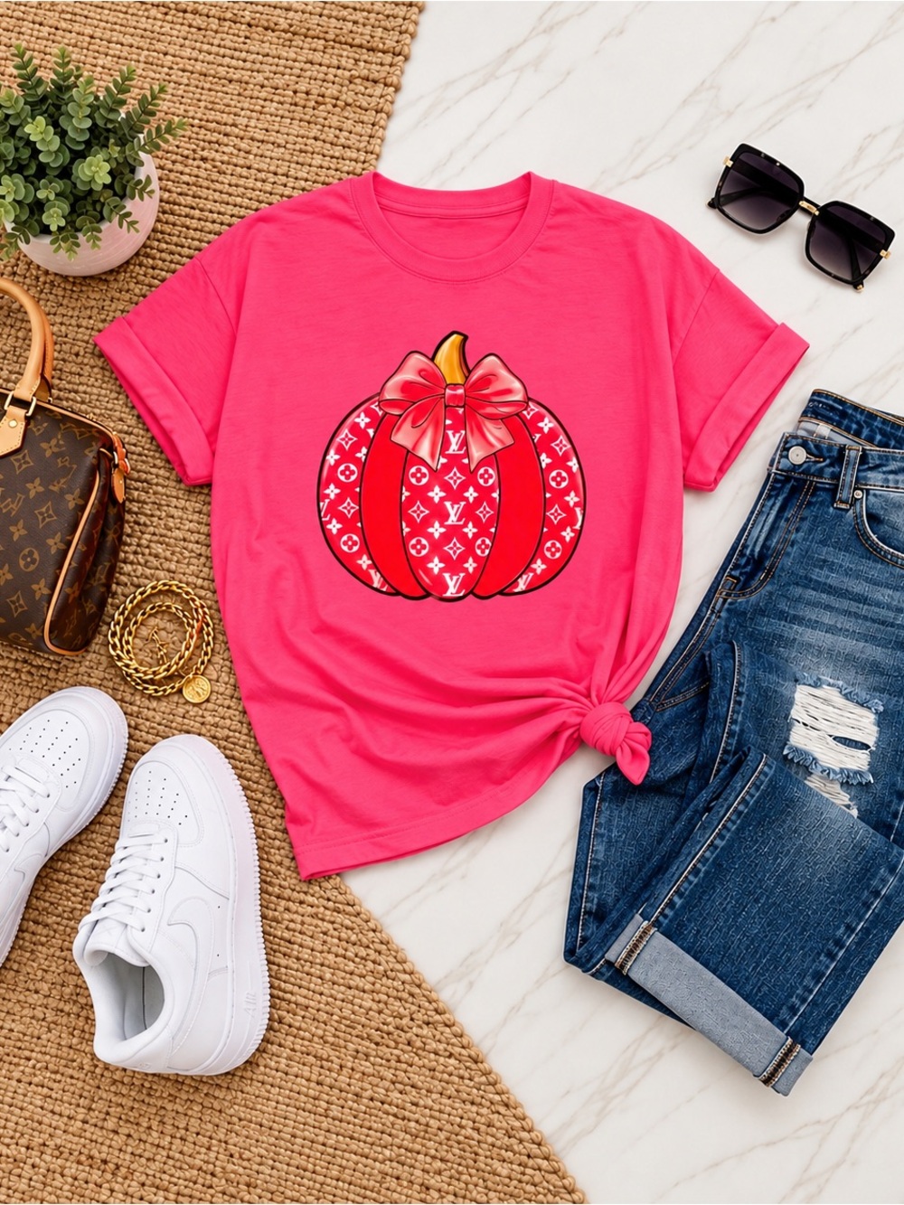 Plus Size Pink Pumpkin Graphic Tee with Style Print-Tee SHIRT ONLY